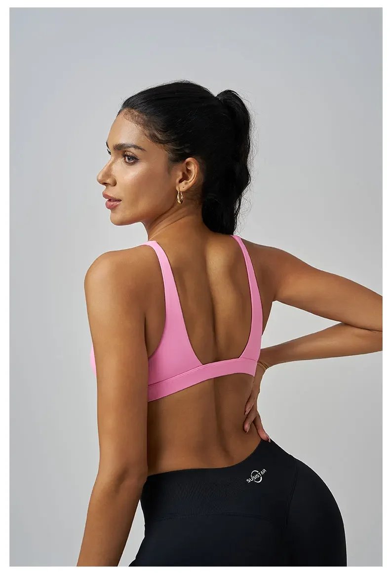 Origin Minimal Sports Bra Open Back V Neck Bra Workout Gym Crop Top Padded Gym Bra