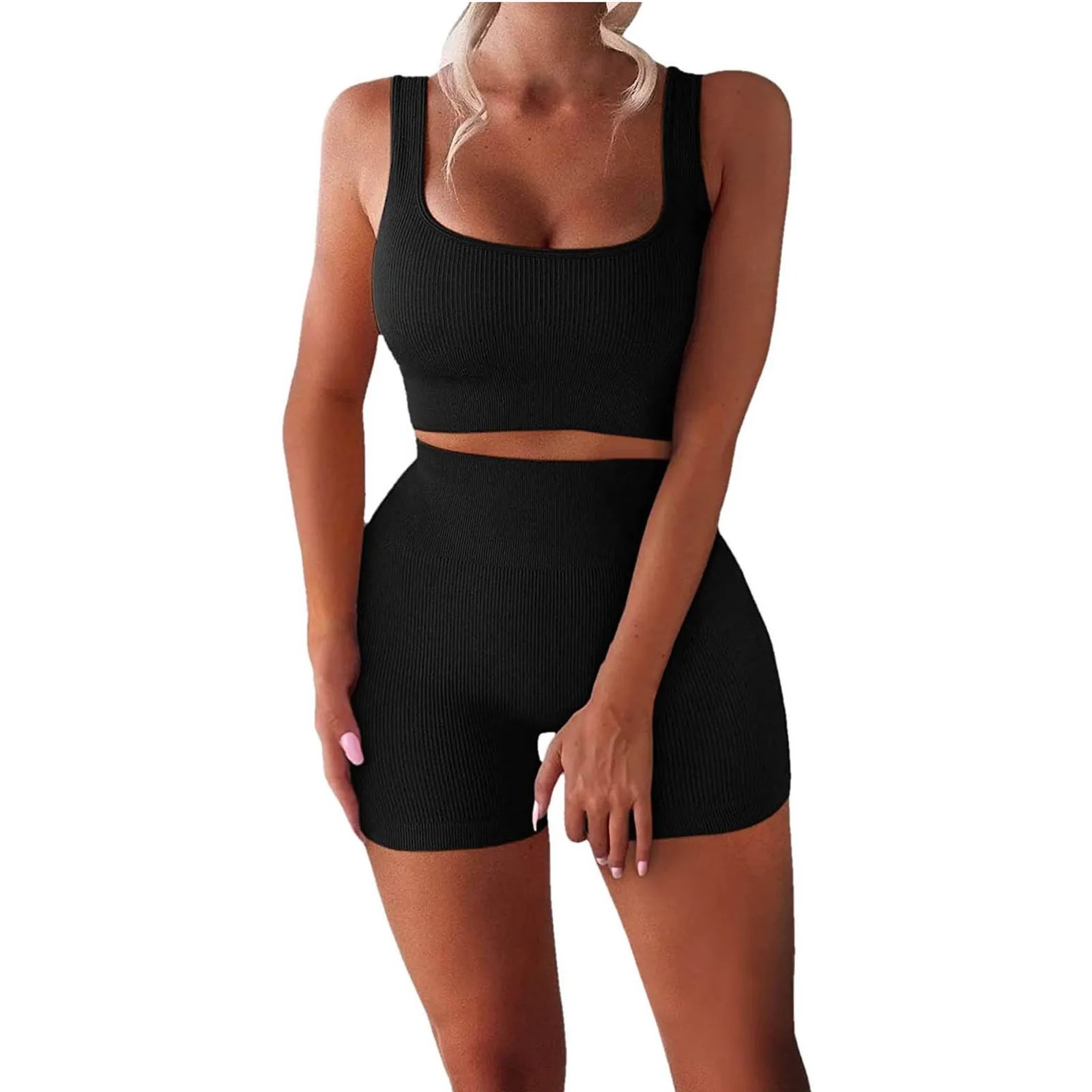 Custom logo women's suit workout wear ribbed high-waisted leggings and sports bra vest two-piece set