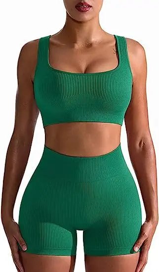 Custom logo women's suit workout wear ribbed high-waisted leggings and sports bra vest two-piece set