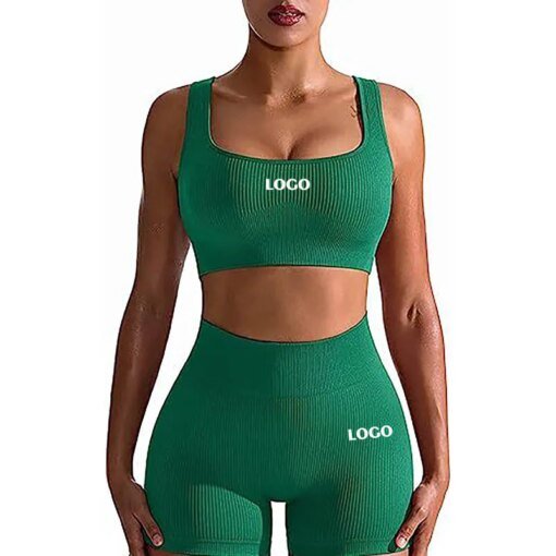 Custom logo women's suit workout wear ribbed high-waisted leggings and sports bra vest two-piece set
