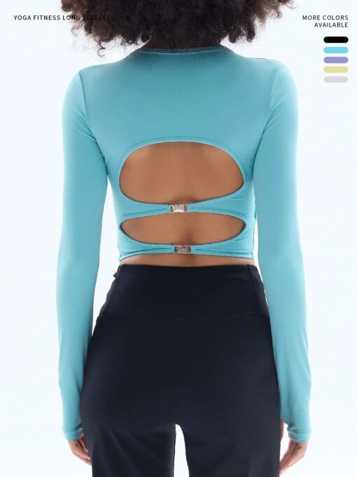 High-end yoga shirt backless hollow sexy with breast pads yoga sports long sleeves T-shirt gym top quick-drying tight fitness cl