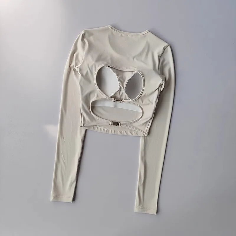 High-end yoga shirt backless hollow sexy with breast pads yoga sports long sleeves T-shirt gym top quick-drying tight fitness cl