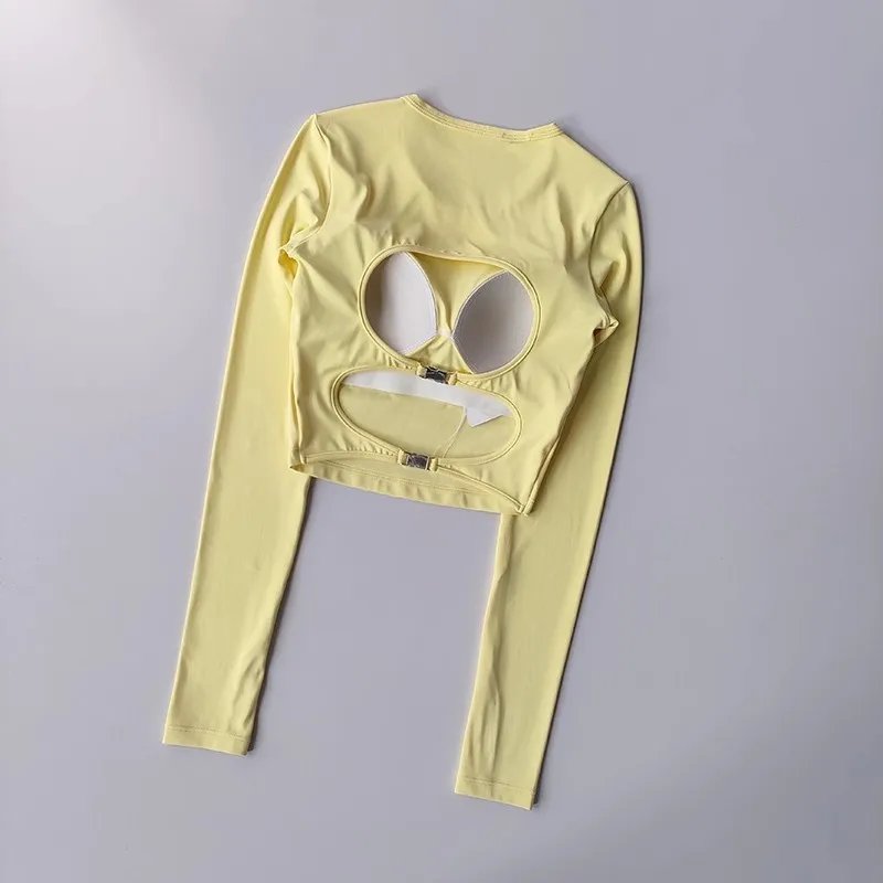High-end yoga shirt backless hollow sexy with breast pads yoga sports long sleeves T-shirt gym top quick-drying tight fitness cl