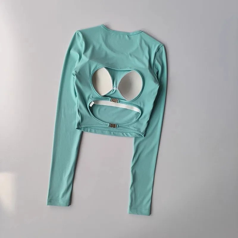 High-end yoga shirt backless hollow sexy with breast pads yoga sports long sleeves T-shirt gym top quick-drying tight fitness cl