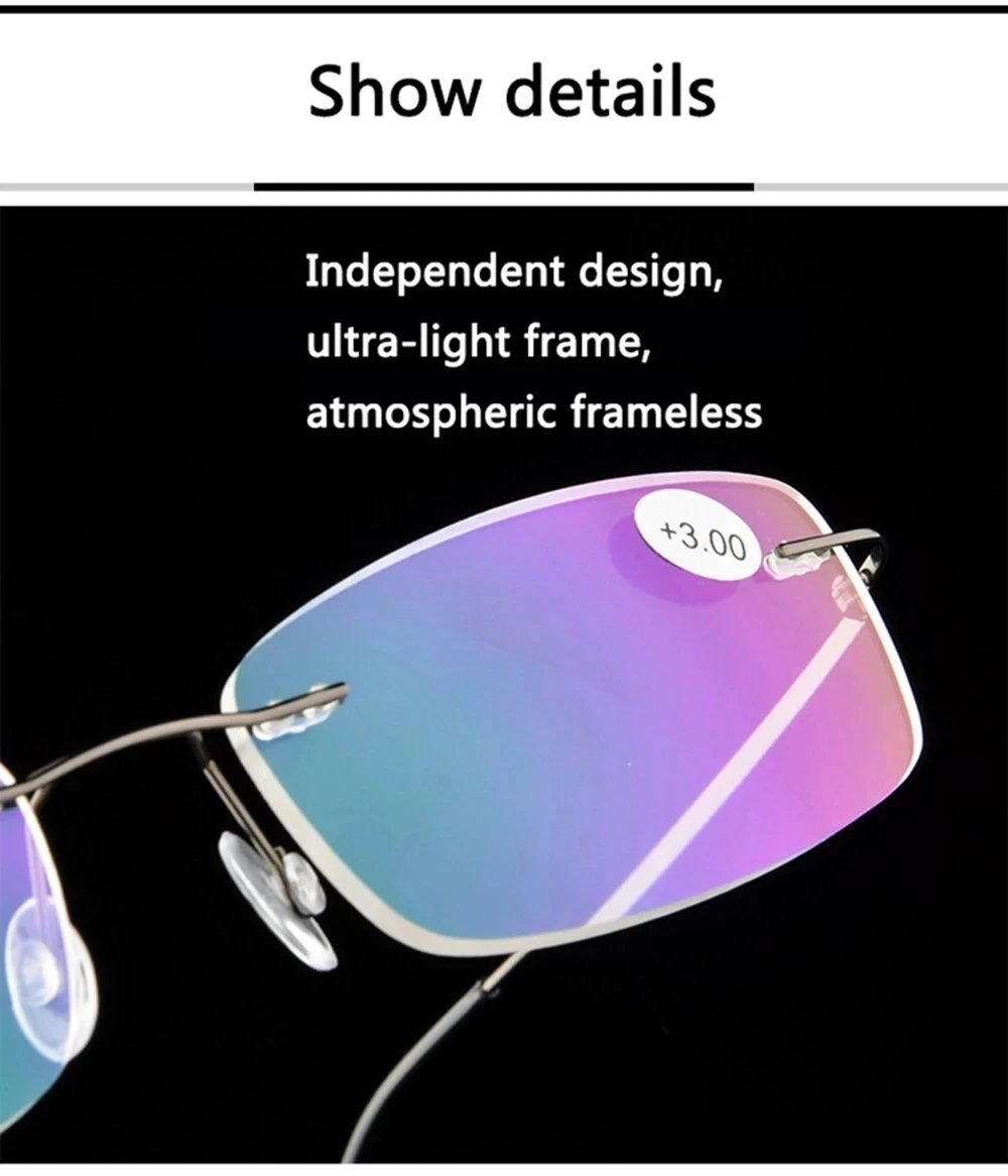 Anti Blue Flexible Ultralight Rimless Memory Titanium Reading Glasses for Men Presbyopic Eyeglasses Strength +1.0~+3.5 Anti Blue Flexible Ultralight Rimless Memory Titanium Reading Glasses for Men Presbyopic Eyeglasses Strength +1.0~+3.5