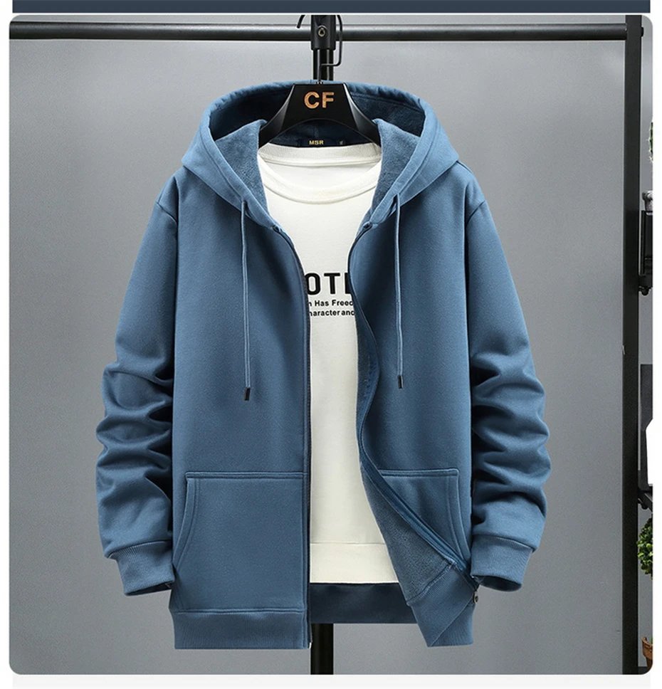 Big Size Hoodie Men Autumn Winter Fleece Hoodies Solid Color Jacket Zip Up Hoodies 12XL Blue Black Red Grey