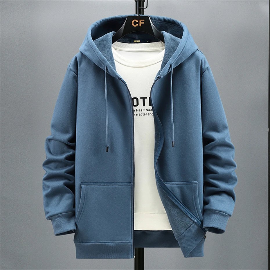 Big Size Hoodie Men Autumn Winter Fleece Hoodies Solid Color Jacket Zip Up Hoodies 12XL Blue Black Red Grey