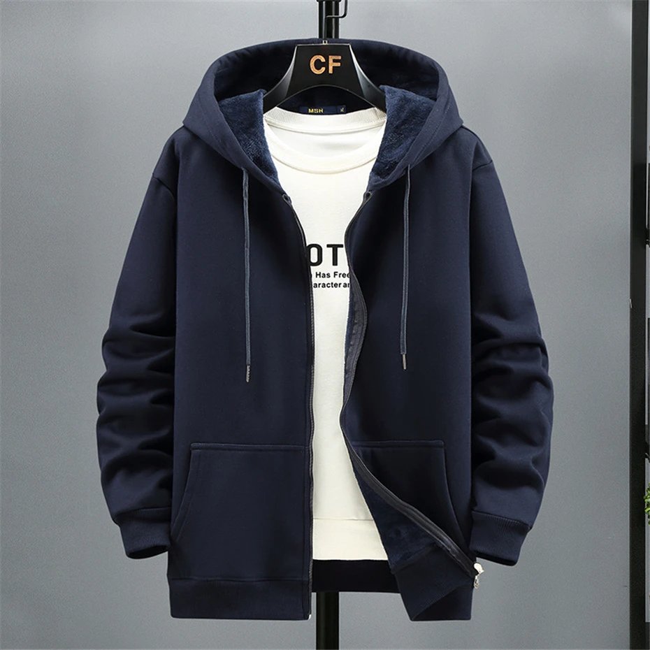 Big Size Hoodie Men Autumn Winter Fleece Hoodies Solid Color Jacket Zip Up Hoodies 12XL Blue Black Red Grey