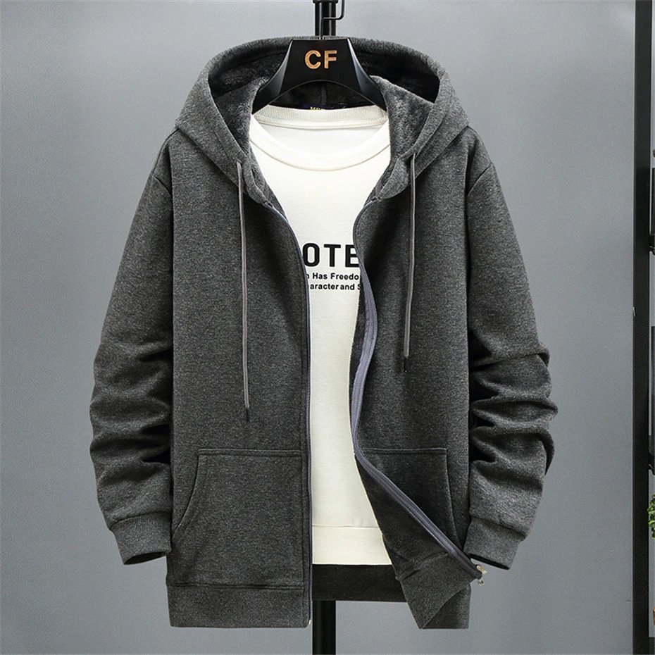 Big Size Hoodie Men Autumn Winter Fleece Hoodies Solid Color Jacket Zip Up Hoodies 12XL Blue Black Red Grey