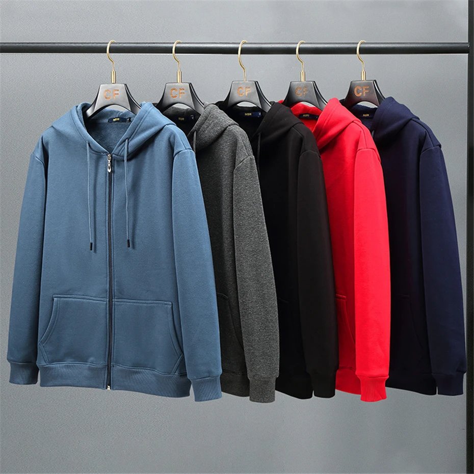 Big Size Hoodie Men Autumn Winter Fleece Hoodies Solid Color Jacket Zip Up Hoodies 12XL Blue Black Red Grey