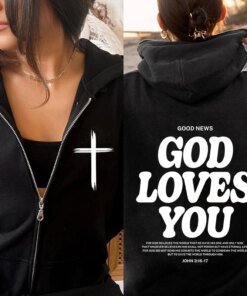 Harajuku Aesthetic Christian Jesus Hoodie Bible Verse God Loves You Hooded Hoodies Women Vintage Zip Sweatshirts Streetwear Y2K