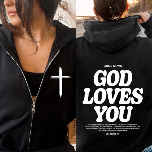 Harajuku Aesthetic Christian Jesus Hoodie Bible Verse God Loves You Hooded Hoodies Women Vintage Zip Sweatshirts Streetwear Y2K