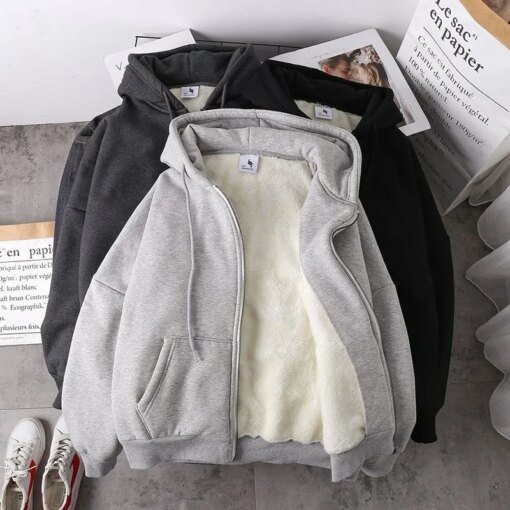 Velvet Thick Warm Winter Oversized Hoodie Coat Zip Up Sweatshirt Winter Top Plus Size Women's Coat Plush Jacket Solid Color