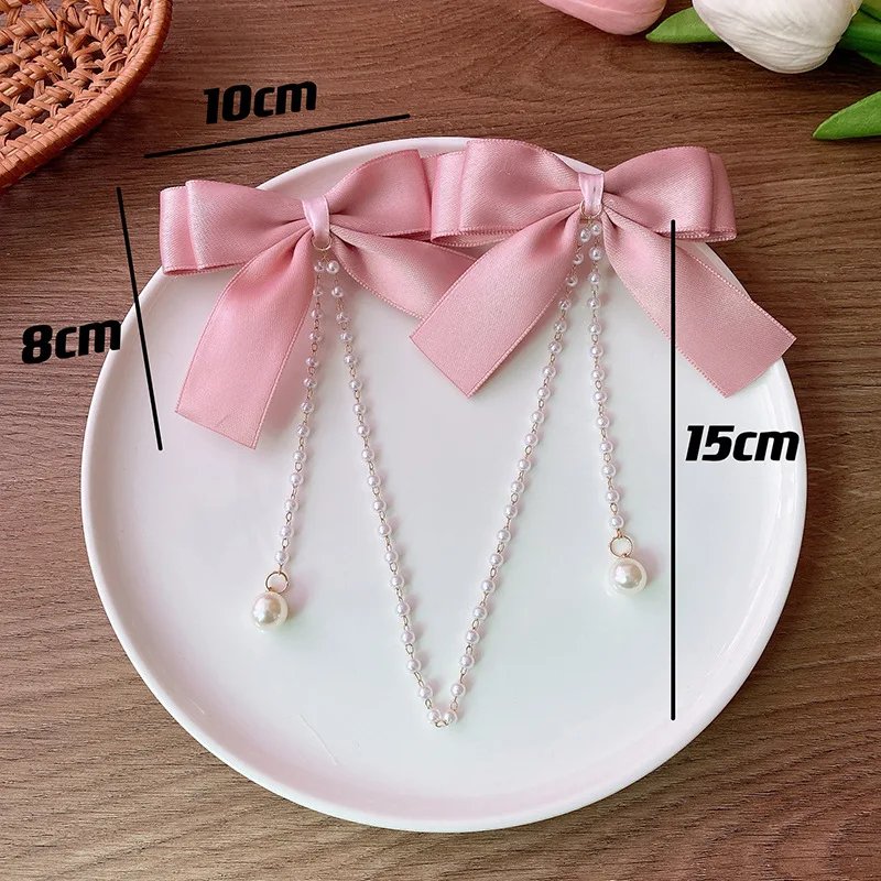 Sweet Princess Style Pink Pearls Chain Bow Hair Clip Women Children's Cute Back Head Hairpins Hair Clips Girls Hair Accessories