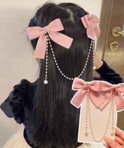 Sweet Princess Style Pink Pearls Chain Bow Hair Clip Women Children's Cute Back Head Hairpins Hair Clips Girls Hair Accessories