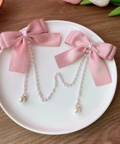 Alternative view of Sweet Princess Style Pink Pearls Chain Bow Hair Clip Women Children's Cute Back Head Hairpins Hair Clips Girls Hair Accessories