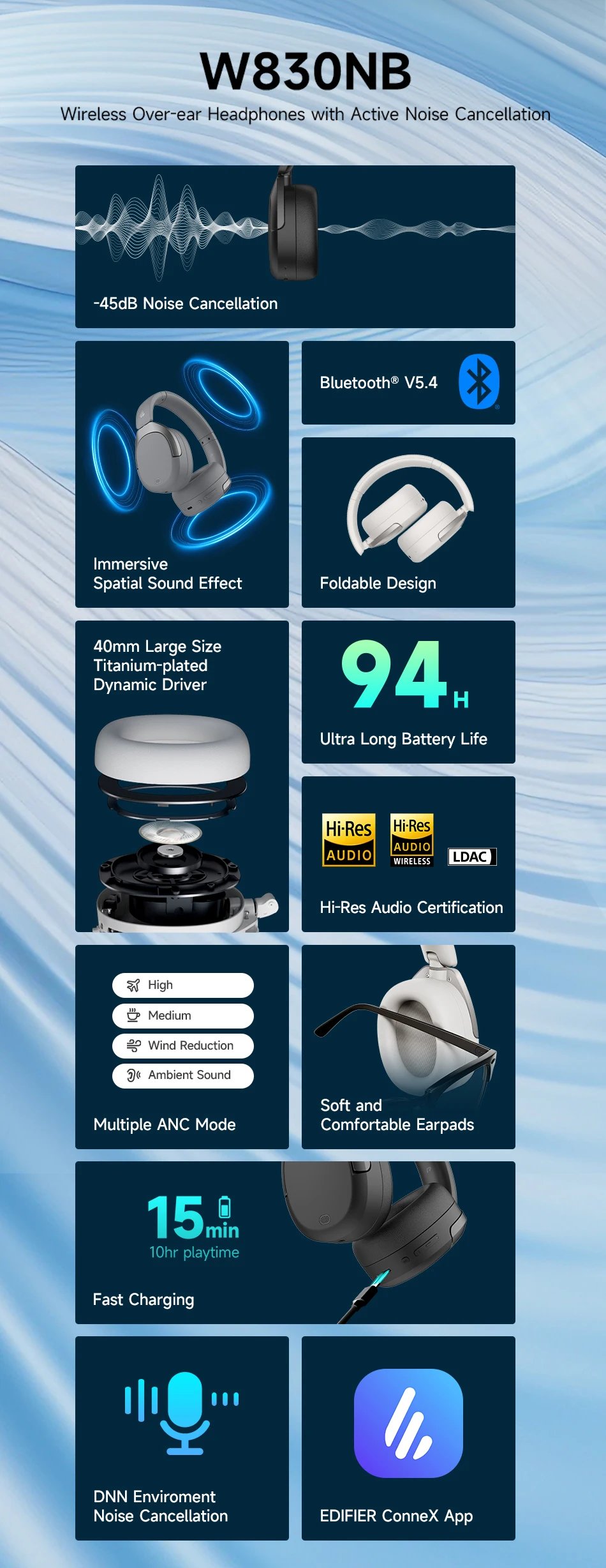 Edifier W830NB Wireless Headphones Bluetooth 5.4 Active Noise Cancelling Hi-Res Over-Ear Headset LDAC Foldable -45dB ANC 94H Edifier W830NB Wireless Headphones Bluetooth 5.4 Active Noise Cancelling Hi-Res Over-Ear Headset LDAC Foldable -45dB ANC 94H