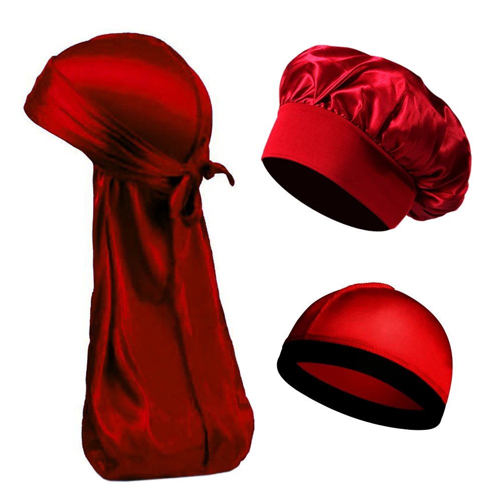 Unisex Women Men Silk Satin Caps 3PCS Set Durag Bonnet Silky Durags Bandanas for Men Turban Hat Long Tail Sleep Shower Cap