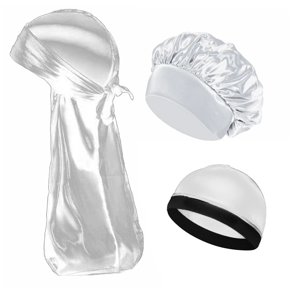 Unisex Women Men Silk Satin Caps 3PCS Set Durag Bonnet Silky Durags Bandanas for Men Turban Hat Long Tail Sleep Shower Cap
