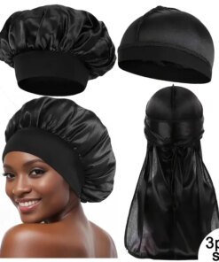 Unisex Women Men Silk Satin Caps 3PCS Set Durag Bonnet Silky Durags Bandanas for Men Turban Hat Long Tail Sleep Shower Cap