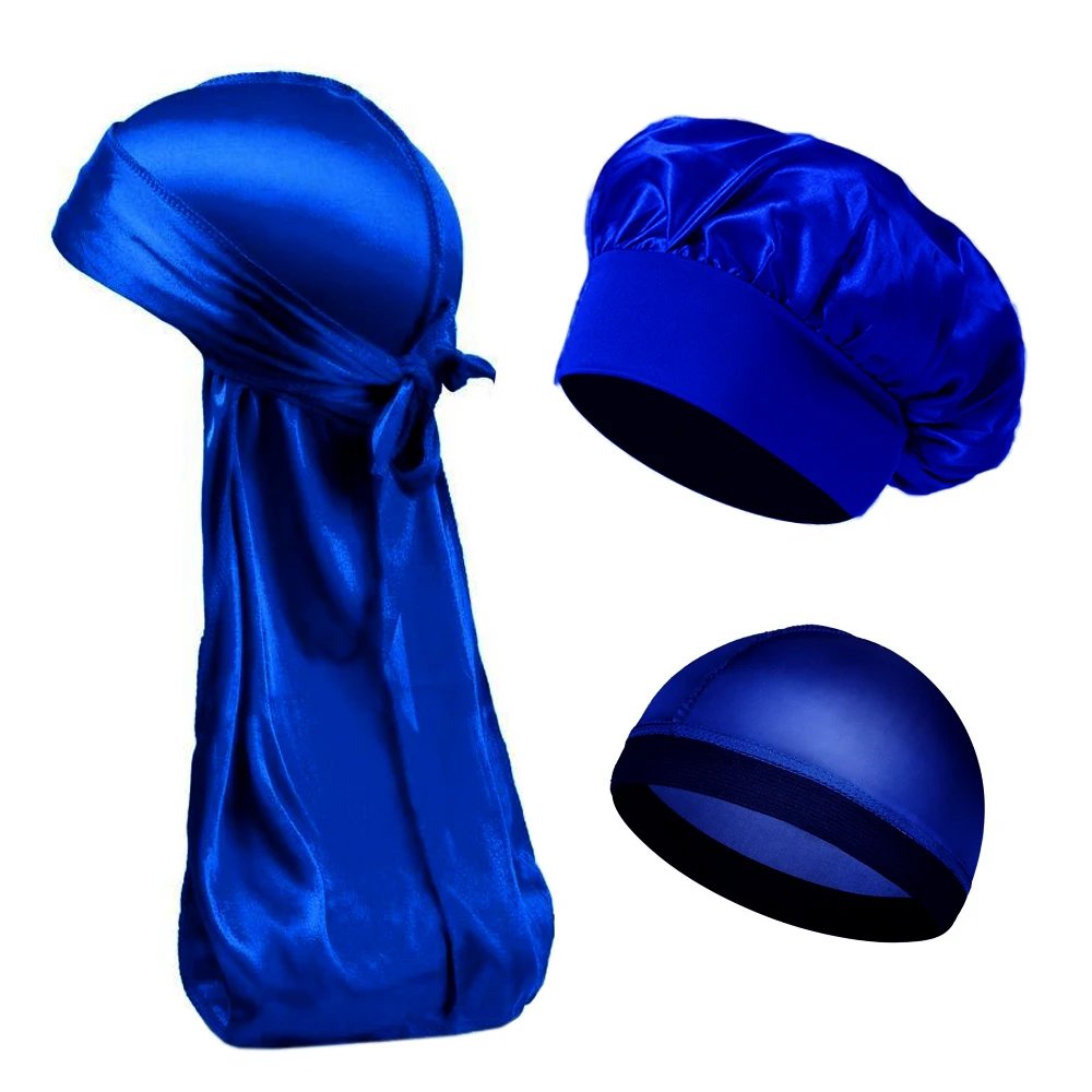 Unisex Women Men Silk Satin Caps 3PCS Set Durag Bonnet Silky Durags Bandanas for Men Turban Hat Long Tail Sleep Shower Cap