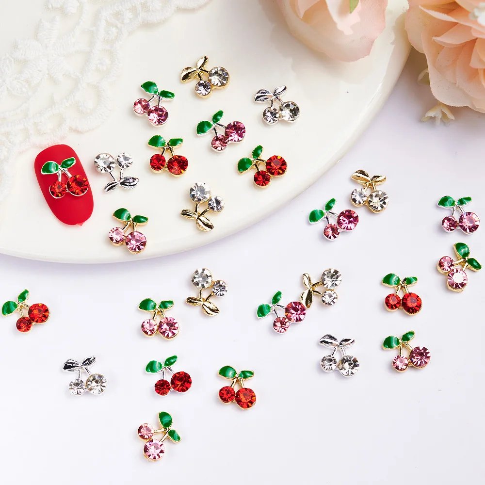 20pcs/bag 3D Cherry Nail Charms Red & Pink Cherry Nail Rhinestone Nail Gems Nail Glitter Stud Fruit Nail Slices for Nail Jewelry