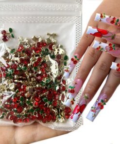 20pcs/bag 3D Cherry Nail Charms Red & Pink Cherry Nail Rhinestone Nail Gems Nail Glitter Stud Fruit Nail Slices for Nail Jewelry