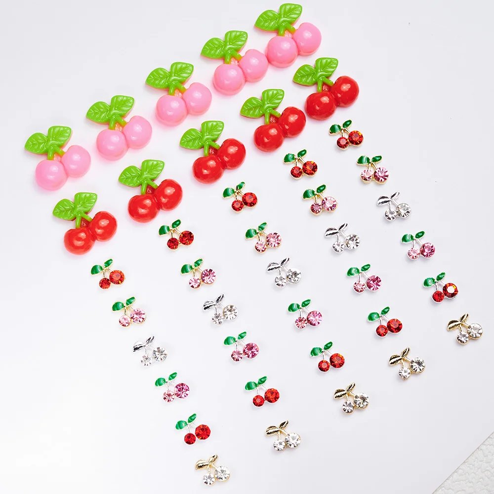 20pcs/bag 3D Cherry Nail Charms Red & Pink Cherry Nail Rhinestone Nail Gems Nail Glitter Stud Fruit Nail Slices for Nail Jewelry
