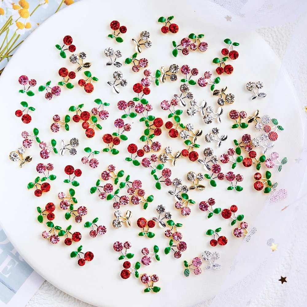 20pcs/bag 3D Cherry Nail Charms Red & Pink Cherry Nail Rhinestone Nail Gems Nail Glitter Stud Fruit Nail Slices for Nail Jewelry