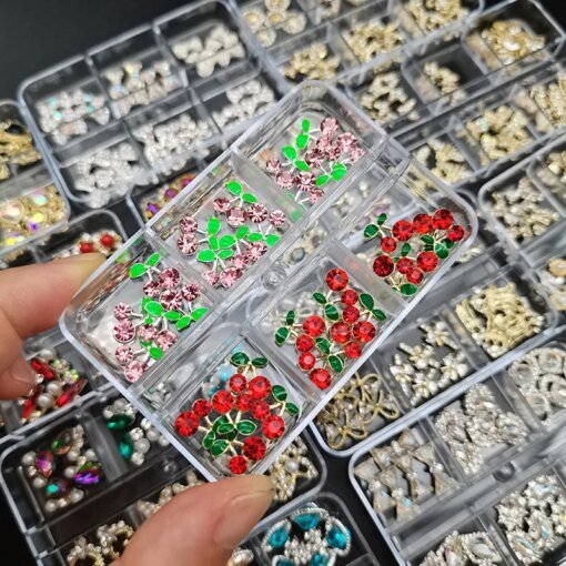 1Box Nail Art Rhinestones Gems Decorations Luxury Metal Alloy Cherry Heart Nail Charms Crystal Glass Diamonds For DIY Nail Art