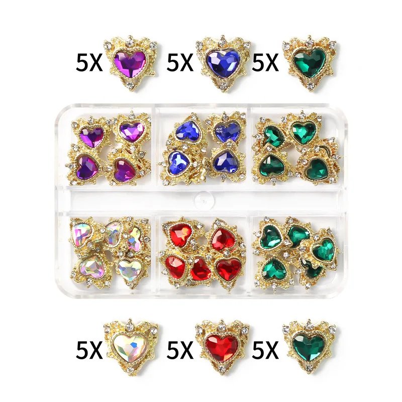 1Box Nail Art Rhinestones Gems Decorations Luxury Metal Alloy Cherry Heart Nail Charms Crystal Glass Diamonds For DIY Nail Art