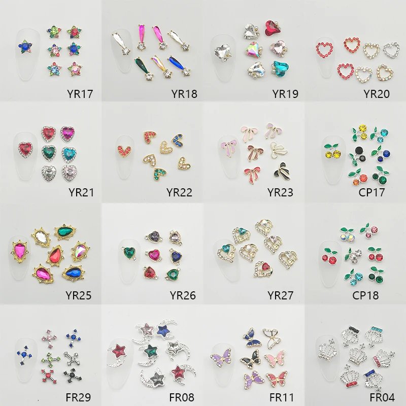 1Box Nail Art Rhinestones Gems Decorations Luxury Metal Alloy Cherry Heart Nail Charms Crystal Glass Diamonds For DIY Nail Art