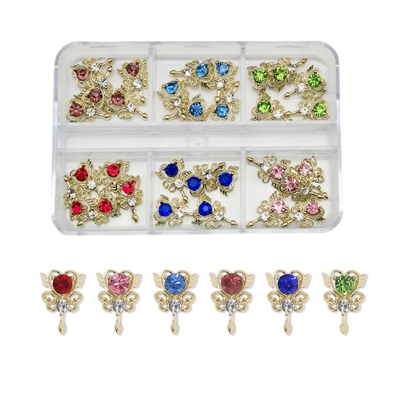1Box Nail Art Rhinestones Gems Decorations Luxury Metal Alloy Cherry Heart Nail Charms Crystal Glass Diamonds For DIY Nail Art
