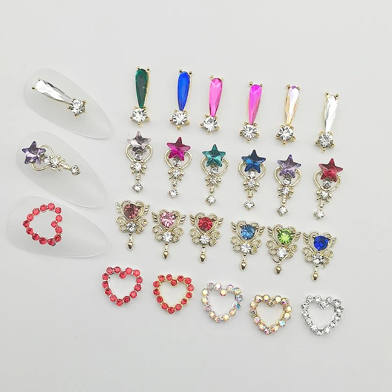 1Box Nail Art Rhinestones Gems Decorations Luxury Metal Alloy Cherry Heart Nail Charms Crystal Glass Diamonds For DIY Nail Art