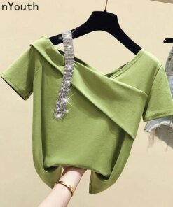 Alternative view of Short Sleeve Woman Tshirts 2024 Ropa Mujer Off Shoulder Diamond Summer Tees Solid Color Casual T Shirt Fashion Y2k T-shirt Tops