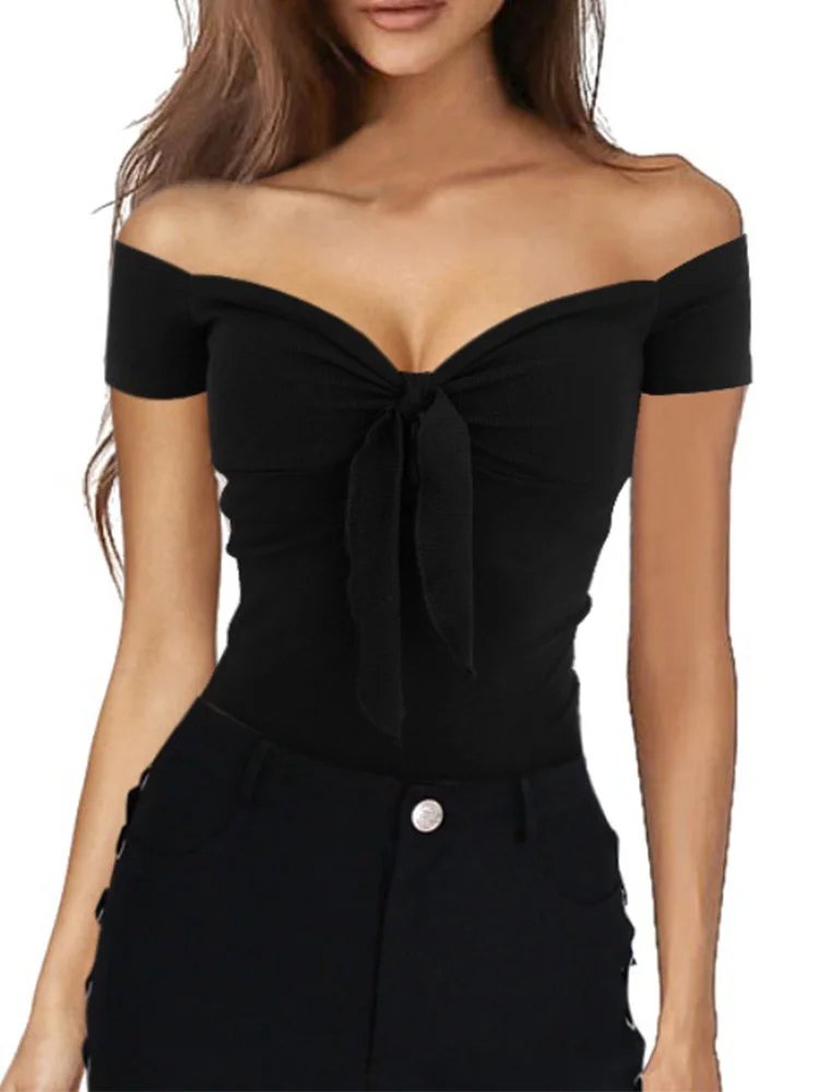 Sexy Slim Off Shoulder Top Women Lace Up Short-Sleeved t Shirts Summer Party Solid Black Clothes