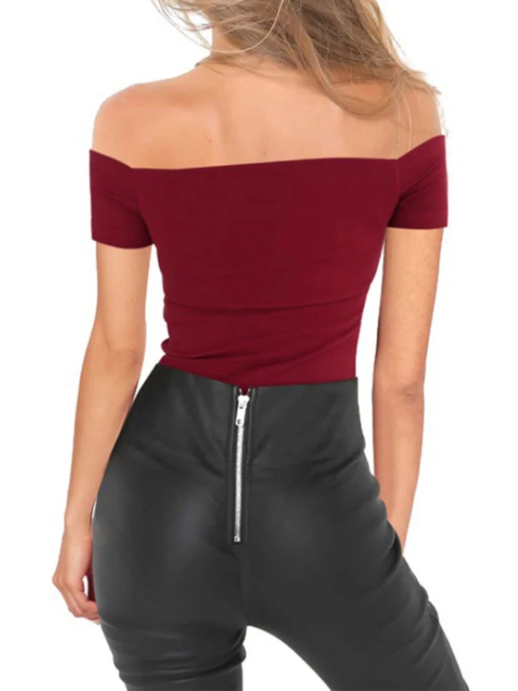 Sexy Slim Off Shoulder Top Women Lace Up Short-Sleeved t Shirts Summer Party Solid Black Clothes