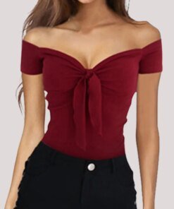 Sexy Slim Off Shoulder Top Women Lace Up Short-Sleeved t Shirts Summer Party Solid Black Clothes