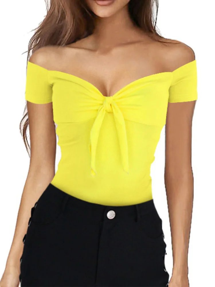 Sexy Slim Off Shoulder Top Women Lace Up Short-Sleeved t Shirts Summer Party Solid Black Clothes