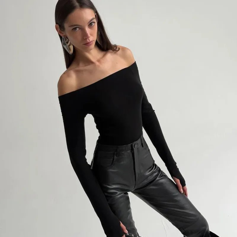 Shestyle Full Sleeve Slash Neck Black T-Shirt Women Off Shoulder Hand Hole Plain Solid Crop Tops High Street Basic Elegant New