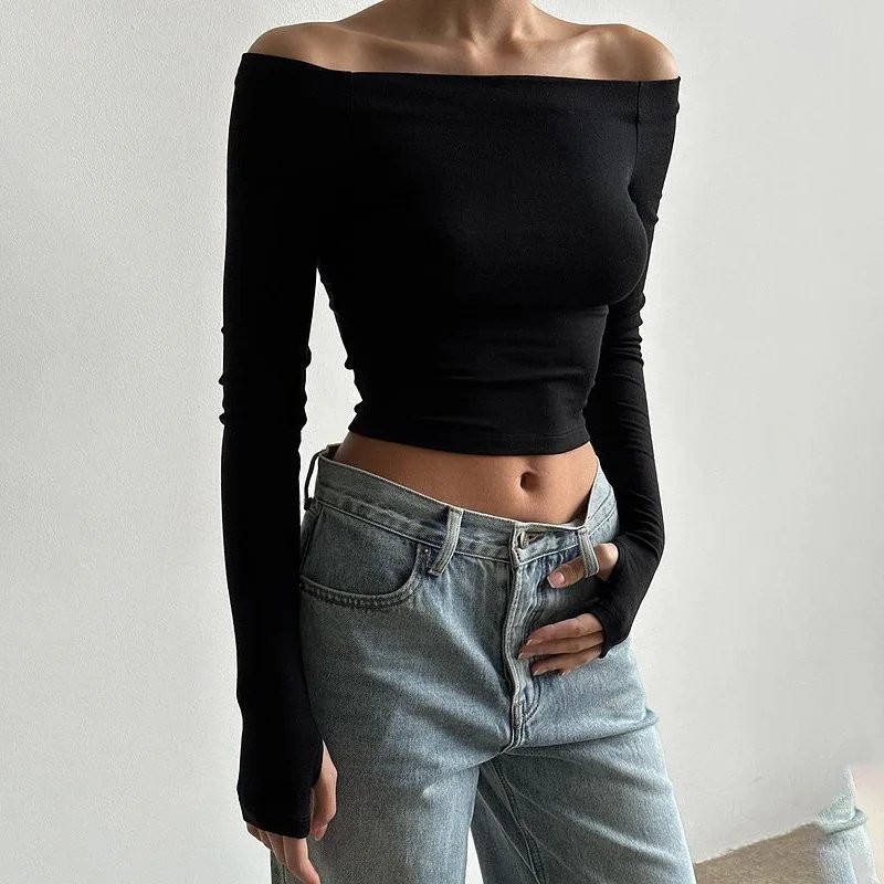 Shestyle Full Sleeve Slash Neck Black T-Shirt Women Off Shoulder Hand Hole Plain Solid Crop Tops High Street Basic Elegant New