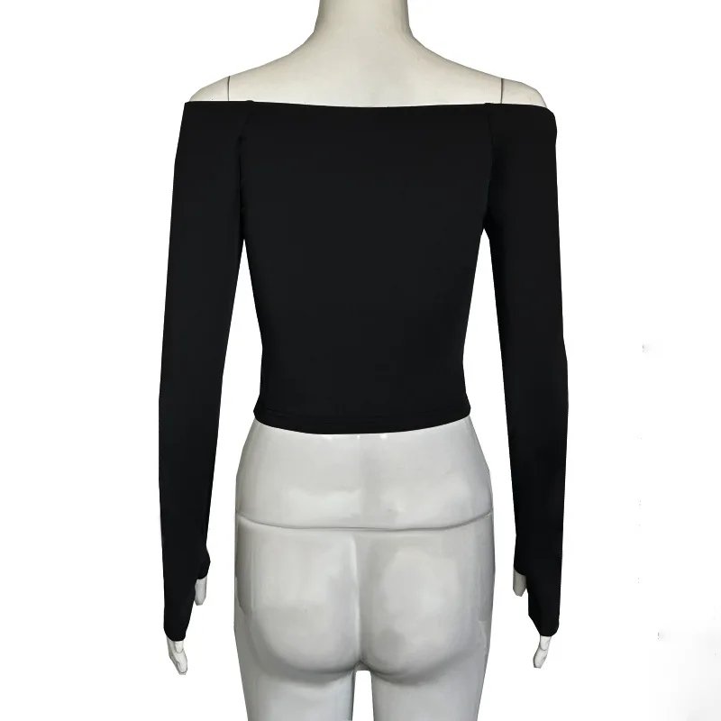 Shestyle Full Sleeve Slash Neck Black T-Shirt Women Off Shoulder Hand Hole Plain Solid Crop Tops High Street Basic Elegant New