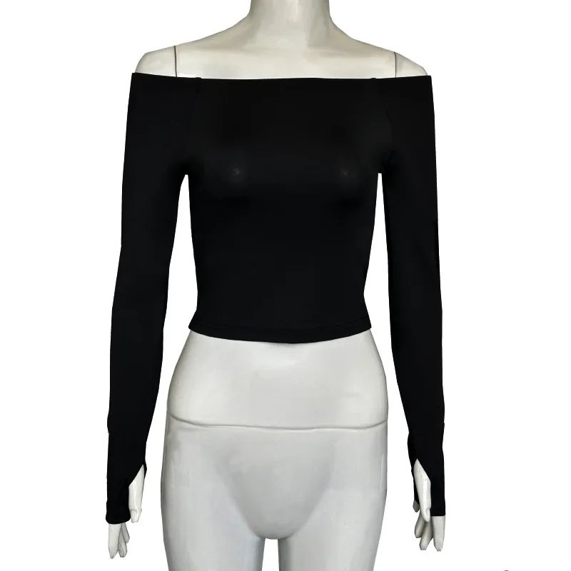 Shestyle Full Sleeve Slash Neck Black T-Shirt Women Off Shoulder Hand Hole Plain Solid Crop Tops High Street Basic Elegant New