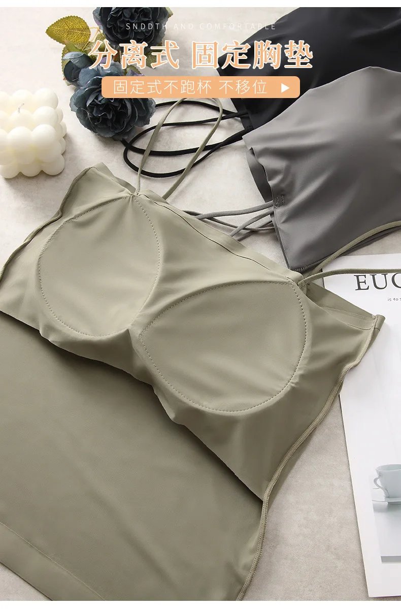 2PCS/Lot Ice Silk Beauty Back Camisole Top For Women with Chest Pad Fixed Cup Inner Wear Outer Wear Summer Female Bandeau 2PCS/Lot Ice Silk Beauty Back Camisole Top For Women with Chest Pad Fixed Cup Inner Wear Outer Wear Summer Female Bandeau