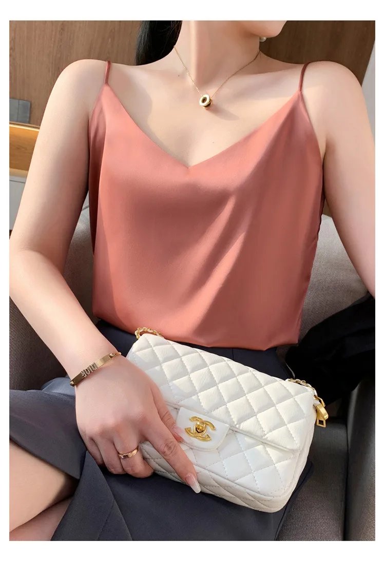 Fashion Silky Camisole Women's Inner With White Bottoming Satin Top Summer V-neck Thin Section