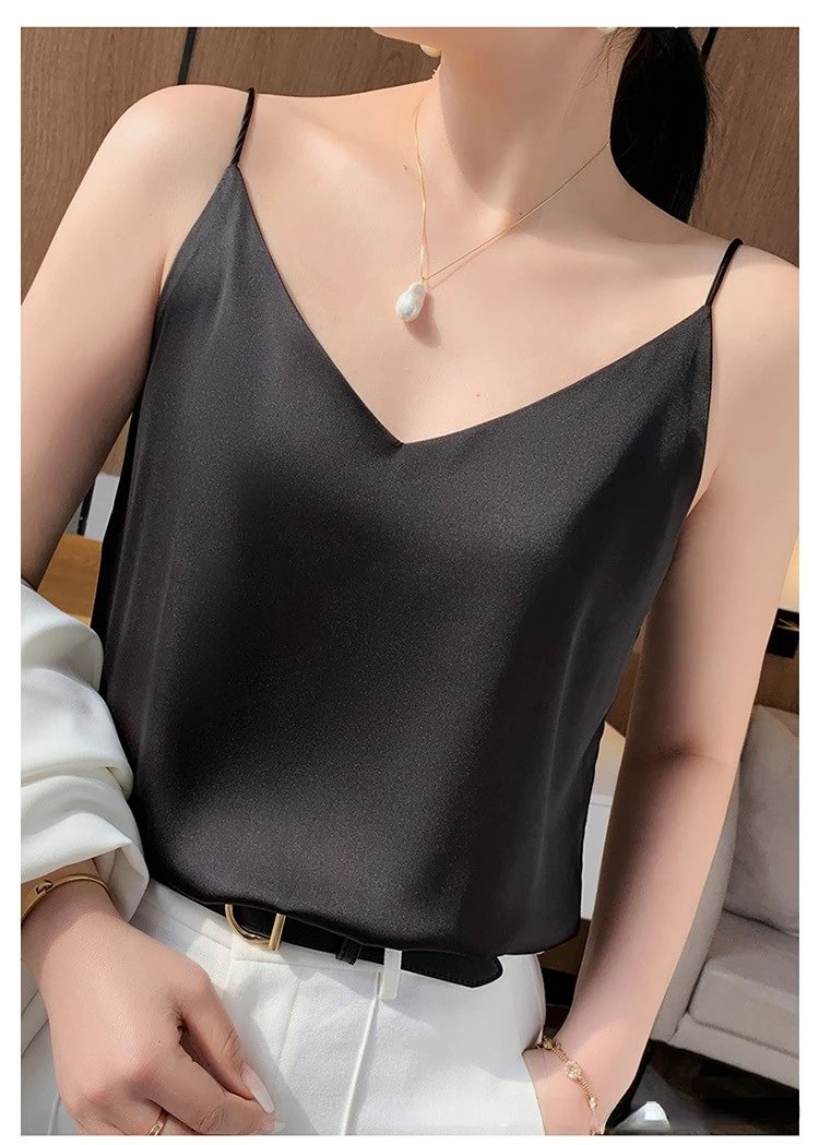 Fashion Silky Camisole Women's Inner With White Bottoming Satin Top Summer V-neck Thin Section
