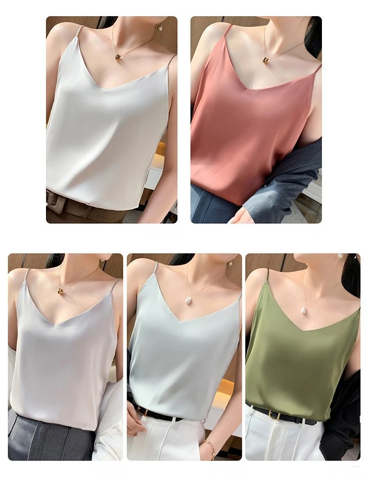 Fashion Silky Camisole Women's Inner With White Bottoming Satin Top Summer V-neck Thin Section