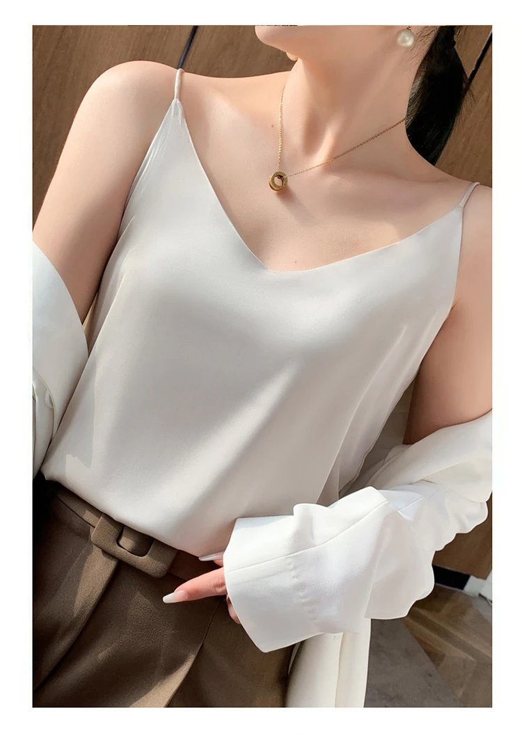 Fashion Silky Camisole Women's Inner With White Bottoming Satin Top Summer V-neck Thin Section