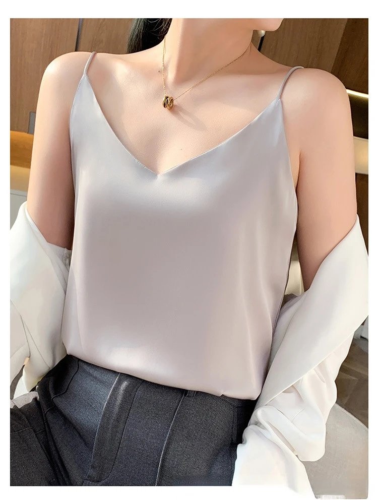 Fashion Silky Camisole Women's Inner With White Bottoming Satin Top Summer V-neck Thin Section