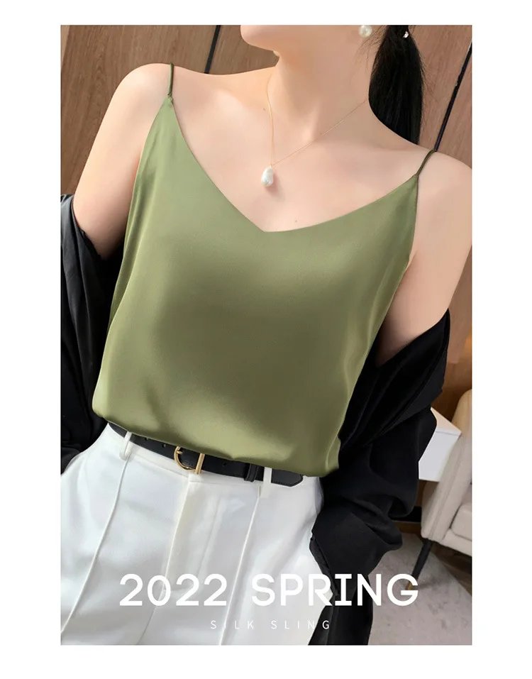 Fashion Silky Camisole Women's Inner With White Bottoming Satin Top Summer V-neck Thin Section